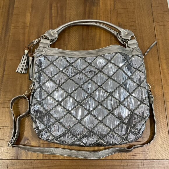 EUC Big Buddha Gun Metal Sequin Crossbody Shoulder Bag - Picture 1 of 4
